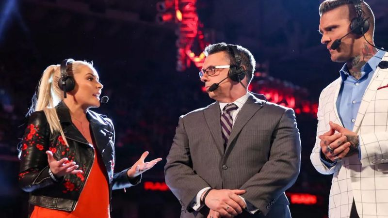 Renee Young with Michael Cole and Corey Graves