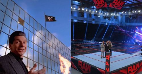 Vince McMahon at the Titan Towers, WWE's headquarters; RAW held at the Performance Center