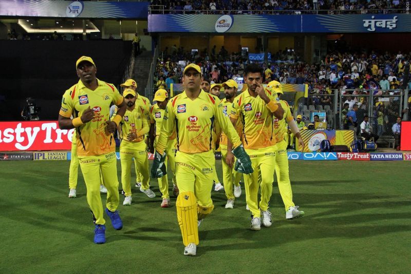 CSK entering field led by MS Dhoni
