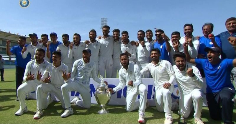 Saurashtra celebrate their 2019-20 Ranji Trophy title.