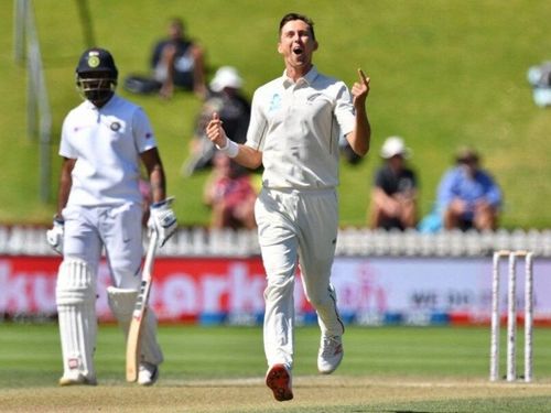 Trent Boult celebrates after breaching Cheteshwar Pujara's defense.