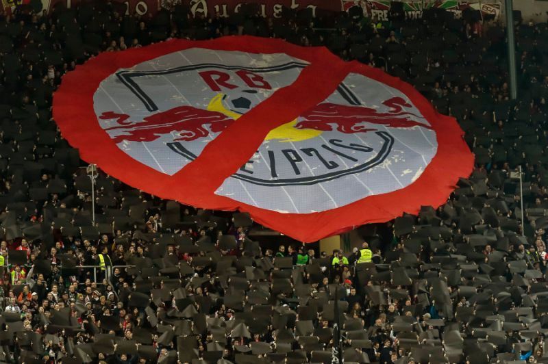 A banner protesting RB Leipzig's inclusion in the Bundesliga