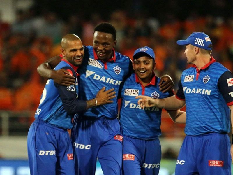 Rabada celebrates a wicket with his teammates