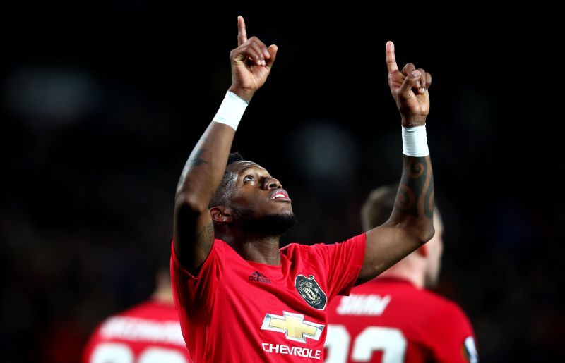 Heavens above!- Fred celebrates after scoring against Club Brugge