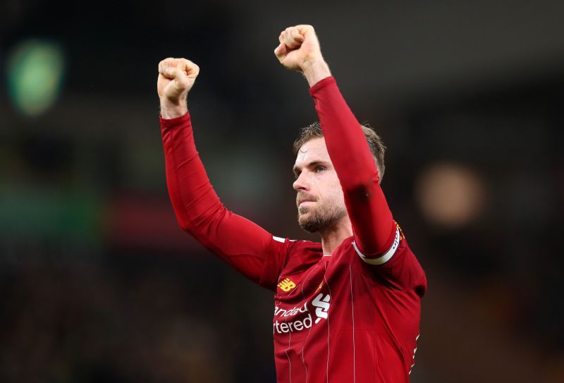 Liverpool captain, Jordan Henderson celebrating the team&#039;s victory against Norwich City