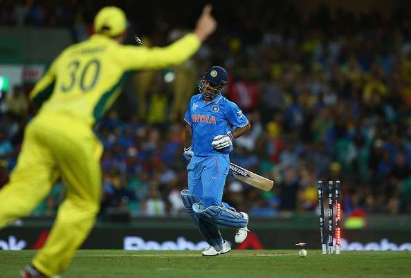 Glenn Maxwell’s direct hit caught MS Dhoni short of the crease.