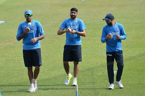 Harbhajan Singh along with Ravichandran Ashwin (left) and Ravindra Jadeja (right)