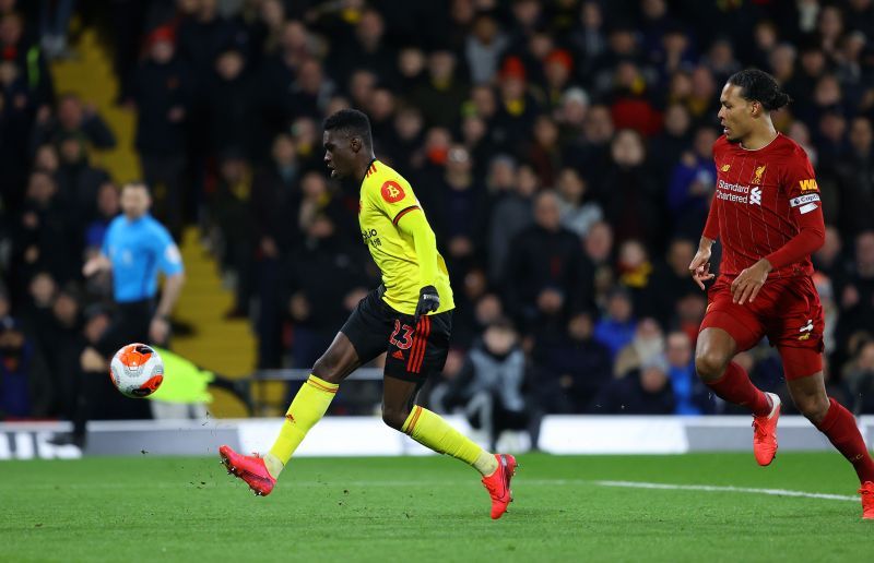 Ismaila Sarr chips the ball over Alisson to score Watford&#039;s second goal