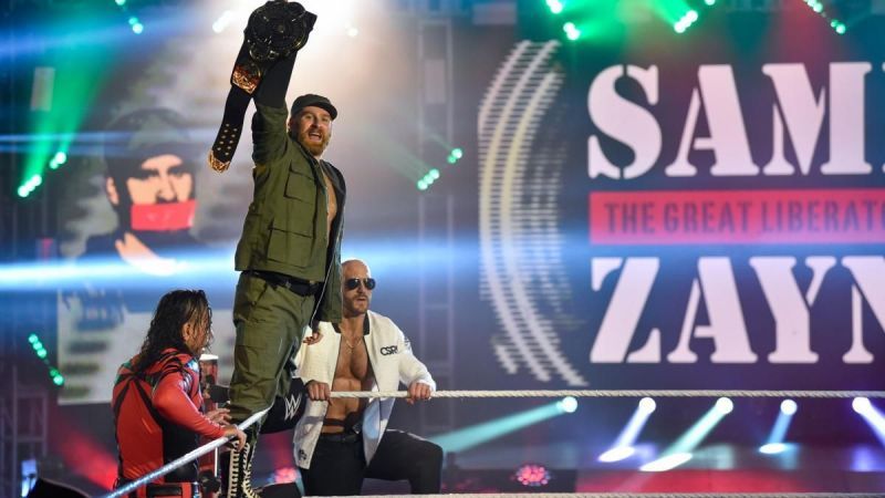 Sami Zayn making his entrance at WrestleMania 36