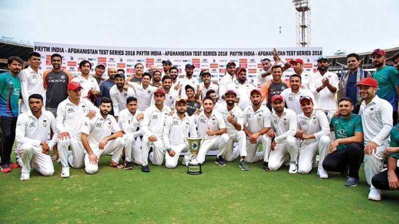 India and Afghanistan during the post-match felicitation ceremony.