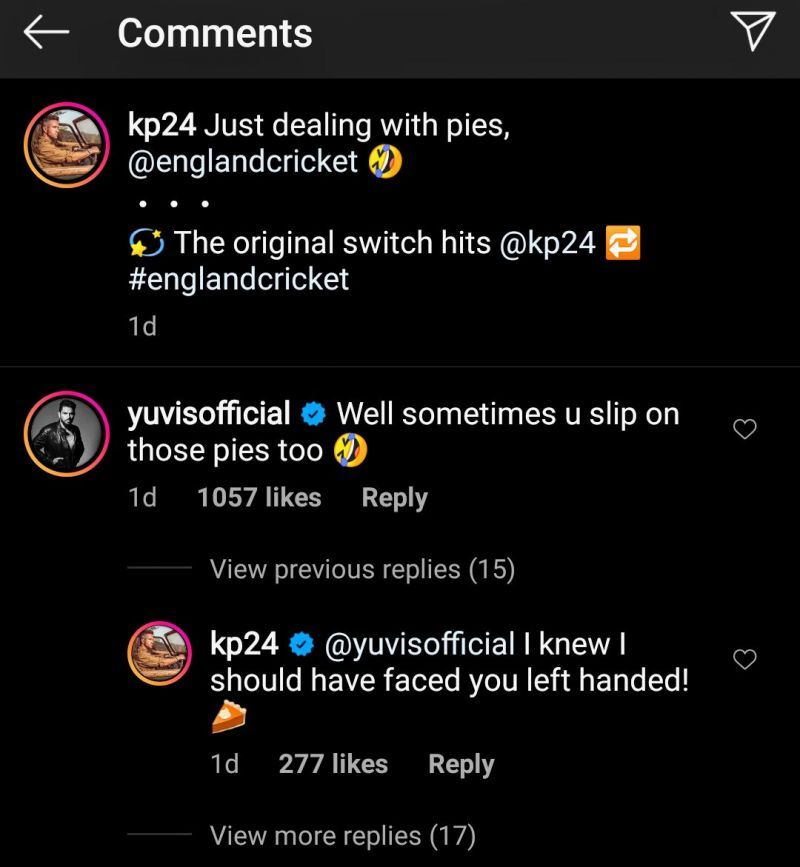 Screenshot of the Kevin Pietersen and Yuvraj Singh having a jibe at each other