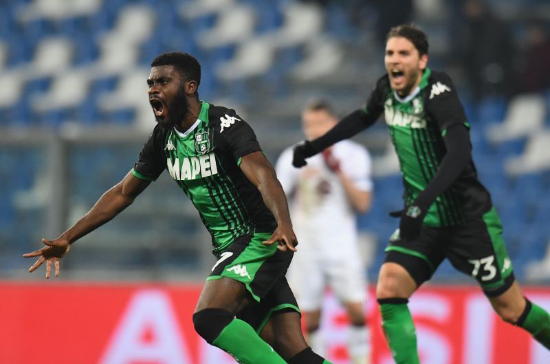 Jeremie Boga of US Sassuolo celebrates after scoring the equaliser against Torino.