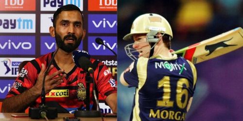 Eoin Morgan (right) has expressed a keen desire to learn essential leadership qualities from current KKR skipper Dinesh Karthik (left)