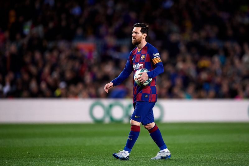 Lionel Messi of FC Barcelona prepares to take a penalty against Real Sociedad in a La Liga game.