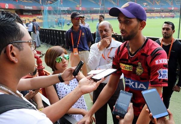 Prasidh interacts with reporters at the M Chinnaswamy Stadium [PC: Prasidh Krishna Instagram account]