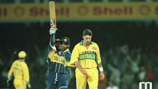 Aravinda de Silva celebrates his match-winning century.