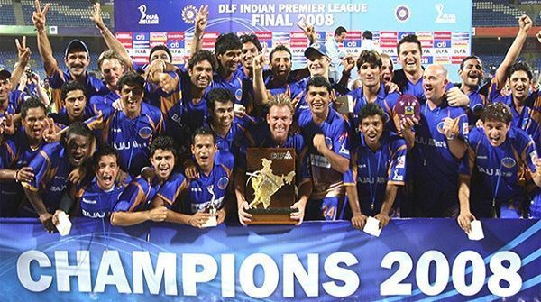 Rajasthan Royals pose with 2008 IPL trophy.