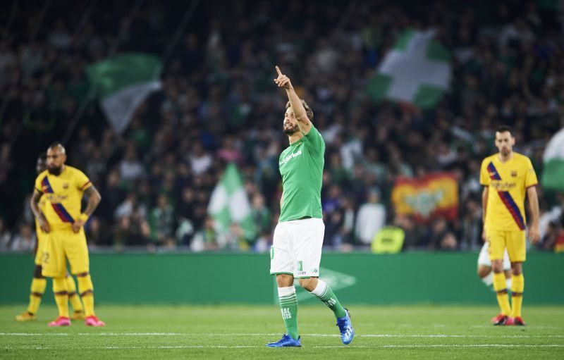 Nabil Fekir of Real Betis Balompie celebrates after scoring a Liga goal against Barcelona.