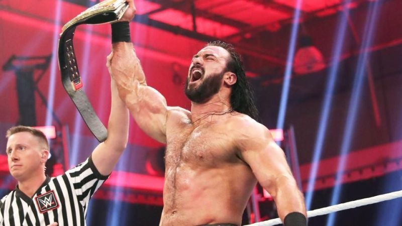 Drew McIntyre celebrates winning the WWE Championship at WrestleMania 36