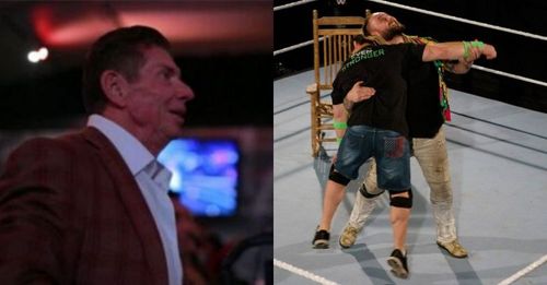 Vince McMahon, John Cena and Bray Wyatt from the Firefly Fun House match.