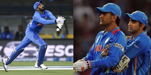 KL Rahul (left), MS Dhoni and Gautam Gambhir (right)