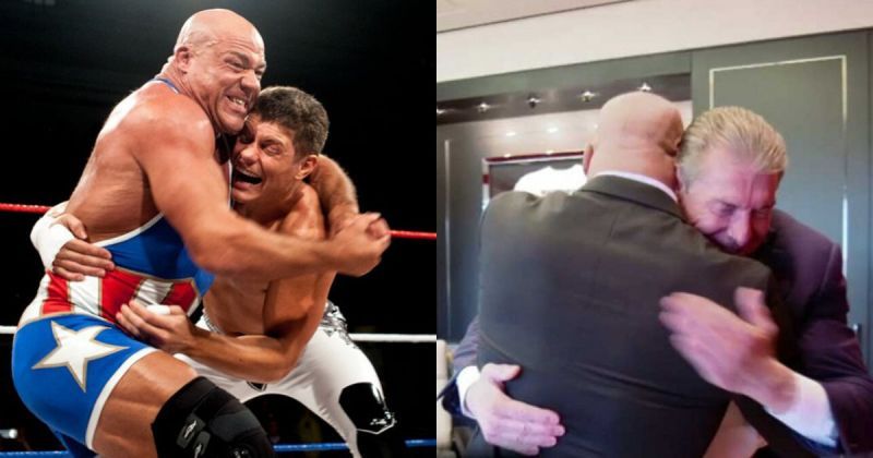 Kurt Angle vs. Cody/ Vince McMahon hugging Angle.