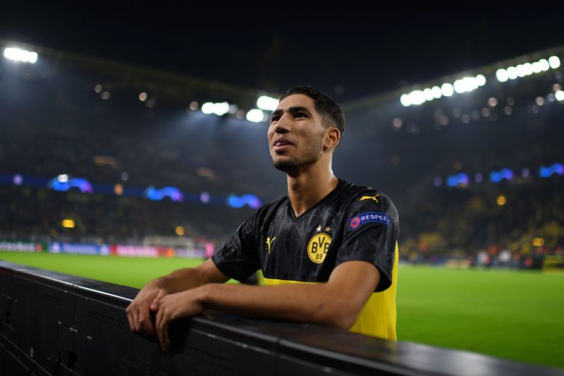 Achraf Hakimi celebrates after a win against Inter Milan.