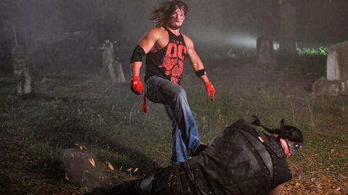 AJ Styles in action against The Undertaker from their Boneyard Match