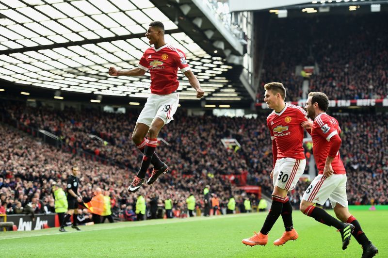 It was a dream come true for Rashford (air-borne) against Arsenal at Old Trafford