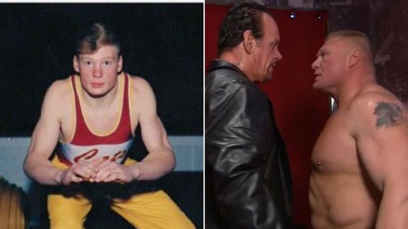Brock Lesnar in high school alongside Lesnar backstage with The Undertaker