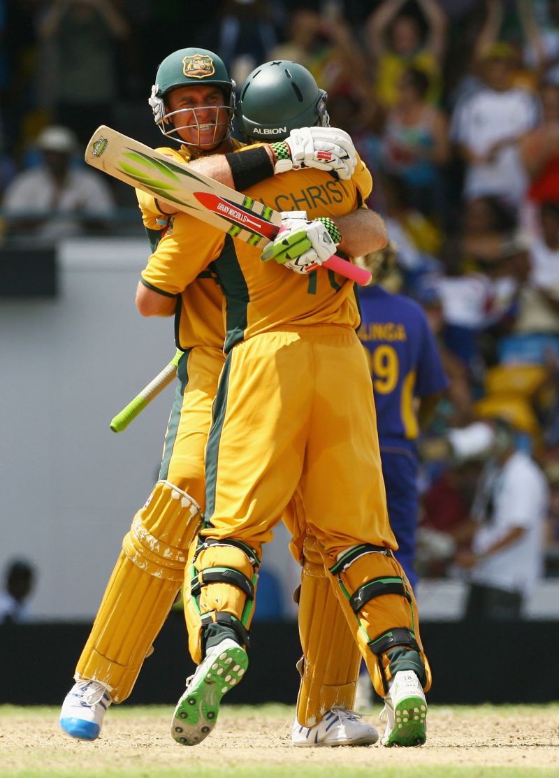 Matthew Hayden and Adam Gilchrist celebrate during the 2007 ICC World Cup final against Sri Lanka.
