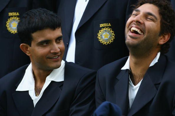 Sourav Ganguly (left) and Yuvraj Singh (right) sharing a light moment