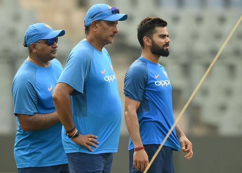 Bharat Arun with Indian team Head Coach Ravi Shastri and Captain Virat Kohli