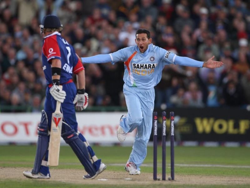 &nbsp;Ajit Agarkar celebrates a wicket - image credit: International Cricket Council (ICC).
