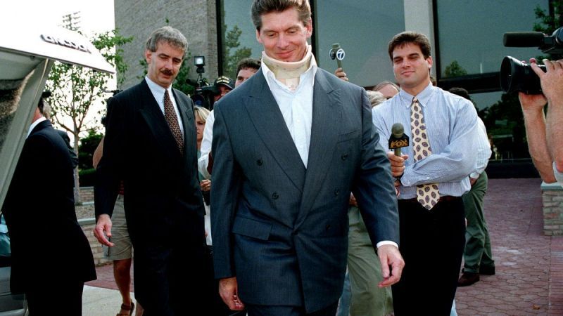 Vince McMahon walking into a court to face charges for distributing Steroids to performers in WWE