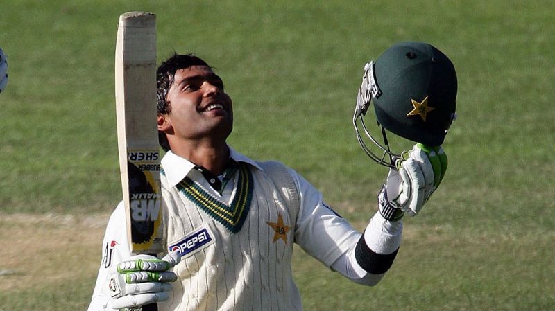 Umar Akmal thanks the heavens after completing his hundred.