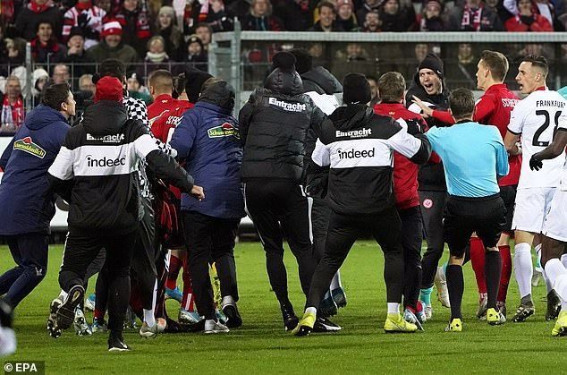 This mass brawl was triggered by a bizarre red card for Frankfurt's David Abraham in 2019