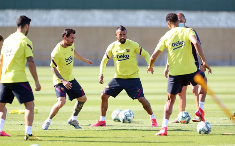 Barcelona players in training today as they step up their preparations for next month&#039;s return