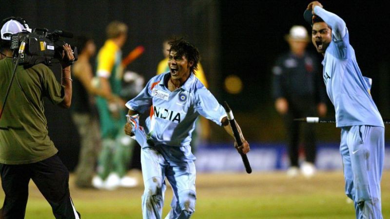 Virat Kohli and Ravindra Jadeja celebrating India&#039;s win at the 2008 under-19 WC