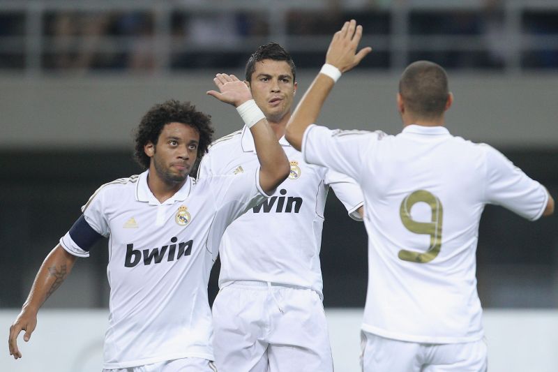 Cristiano Ronaldo with former Real Madrid teammates Marcelo and Karim Benzema