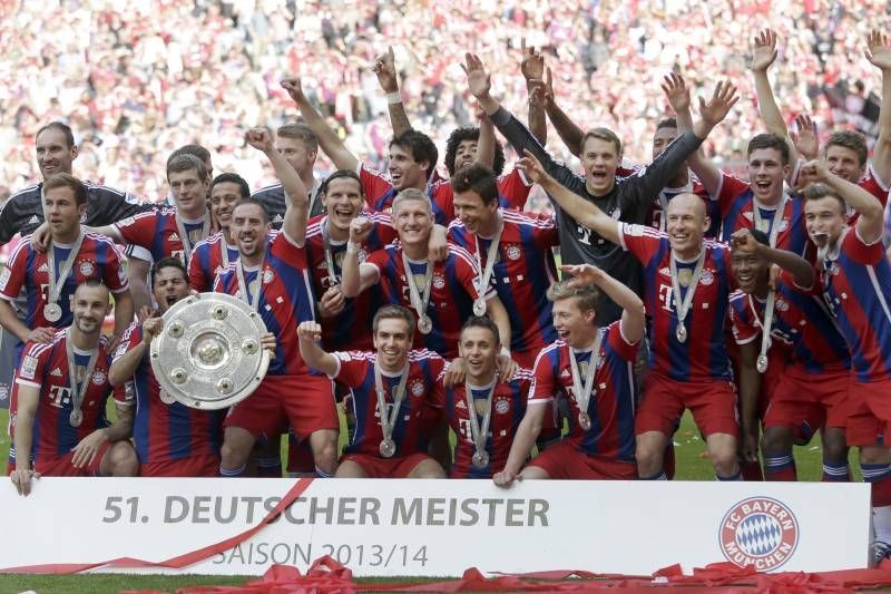 Bayern Munich celebrate their 2013-14 Bundesliga triumph