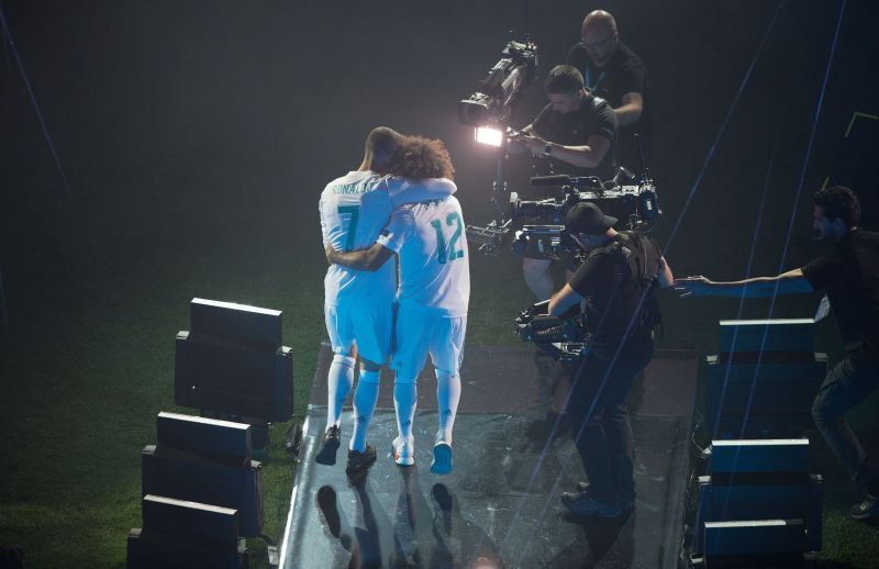 Ronaldo and Marcelo celebrating after Real&#039;s 2018 Champions League Final win over Liverpool