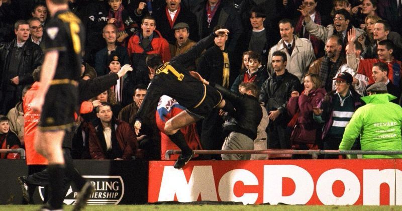 Cantona performing the kung-fu kick