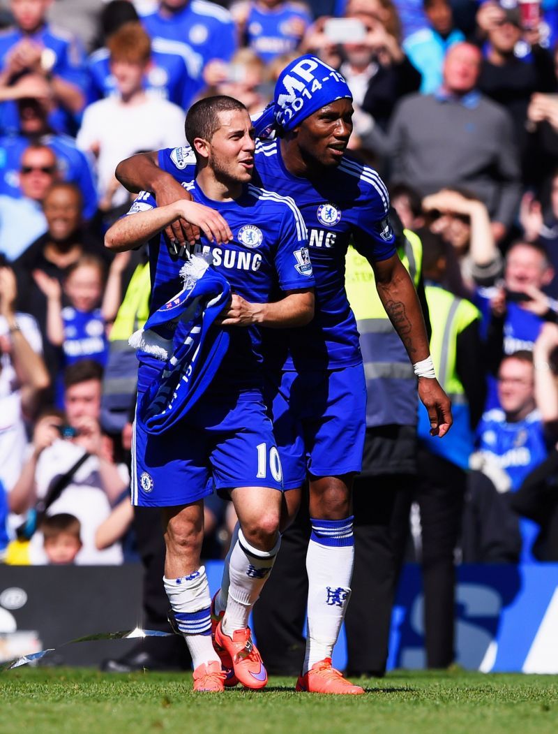 Eden Hazard and Didier Drogba celebrating Chelsea&#039;s 2014-15 Premier League title