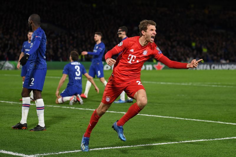 Thomas Muller rejoices after Bayern score a goal against Chelsea