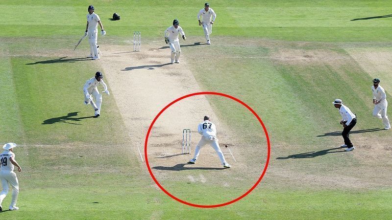 Nathan Lyon (# 67) fails to run out Jack Leach.