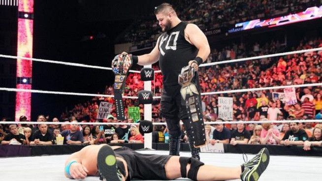Kevin Owens taunting John Cena on his main roster debut