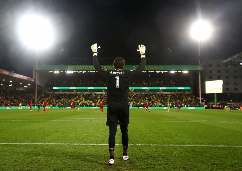 Alisson Becker during a Premier League game against Norwich City