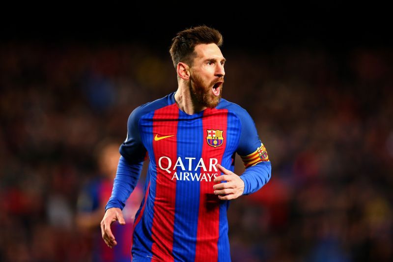 Lionel Messi rejoices after scoring against Celta Vigo.