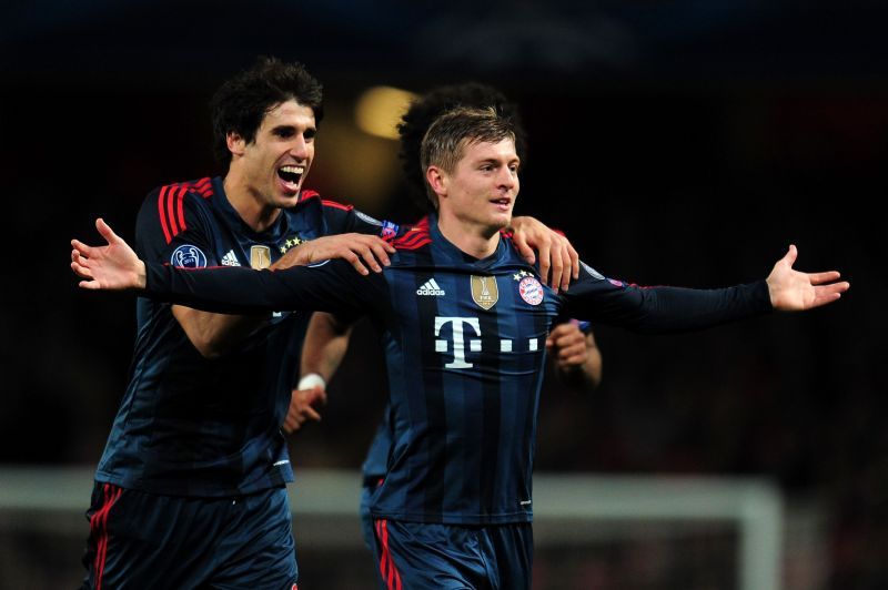 Toni Kroos celebrates after scoring a stunner against Arsenal